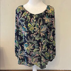 Chaps navy blue green pink floral long sleeve sheer blouse Size XL
EUC